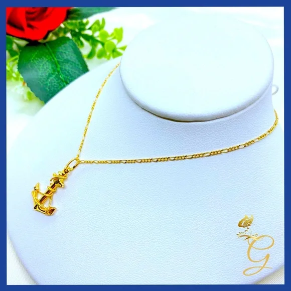 18K Real Gold Anchor Necklace 18”